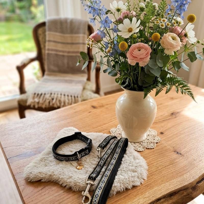 Armband, Leine und Halsband liegen auf einem Holztisch neben einer Vase mit pastellfarbenen Blumen in einem sonnendurchfluteten Raum.