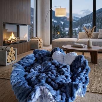 Eine blaue, grob gestrickte Decke in einem gemütlichen, modernen Wohnzimmer mit Kamin und Bergblick