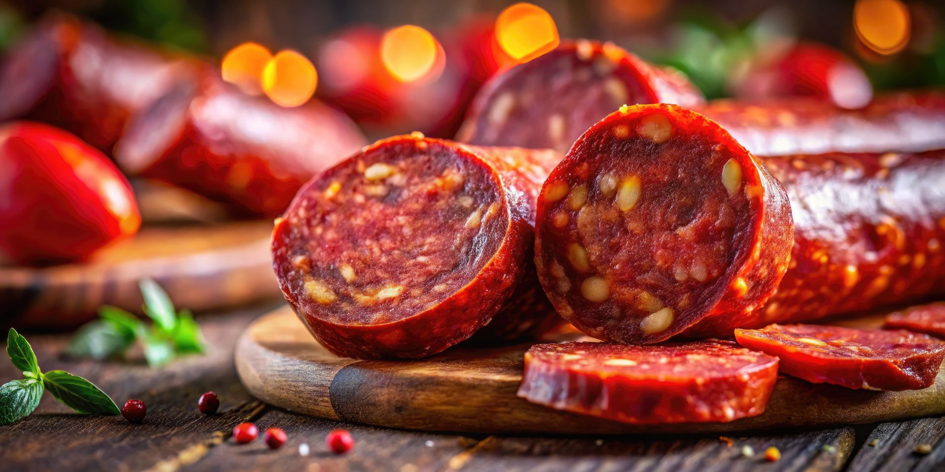 Salami piquant tranché sur une planche en bois avec des saucisses entières et des herbes