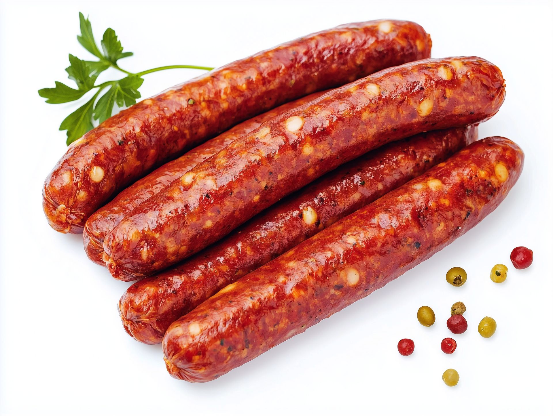 Merguez épicées sur fond blanc avec persil et grains de poivre