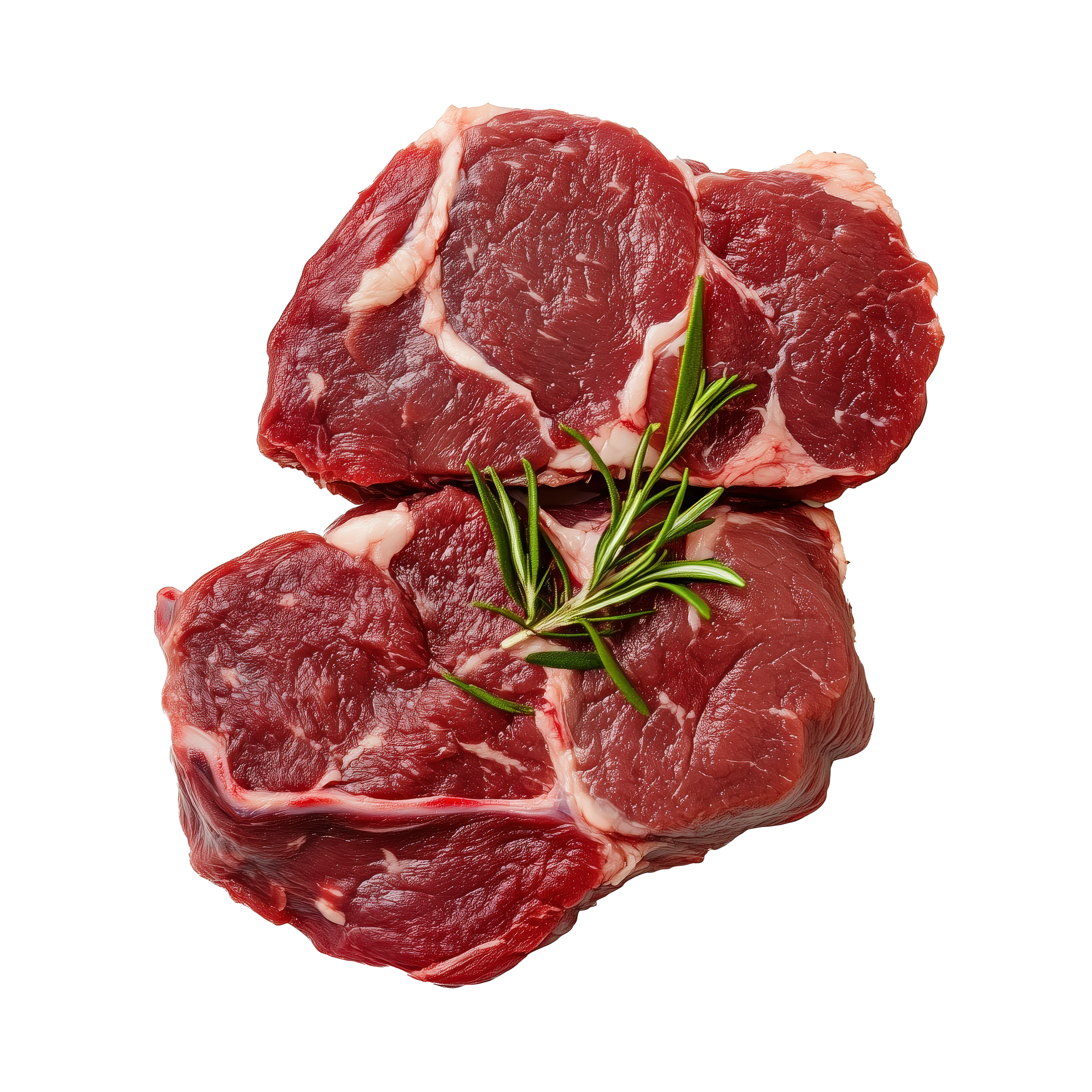 Des morceaux de steak rouge cru empilés avec un brin de romarin sur fond blanc
