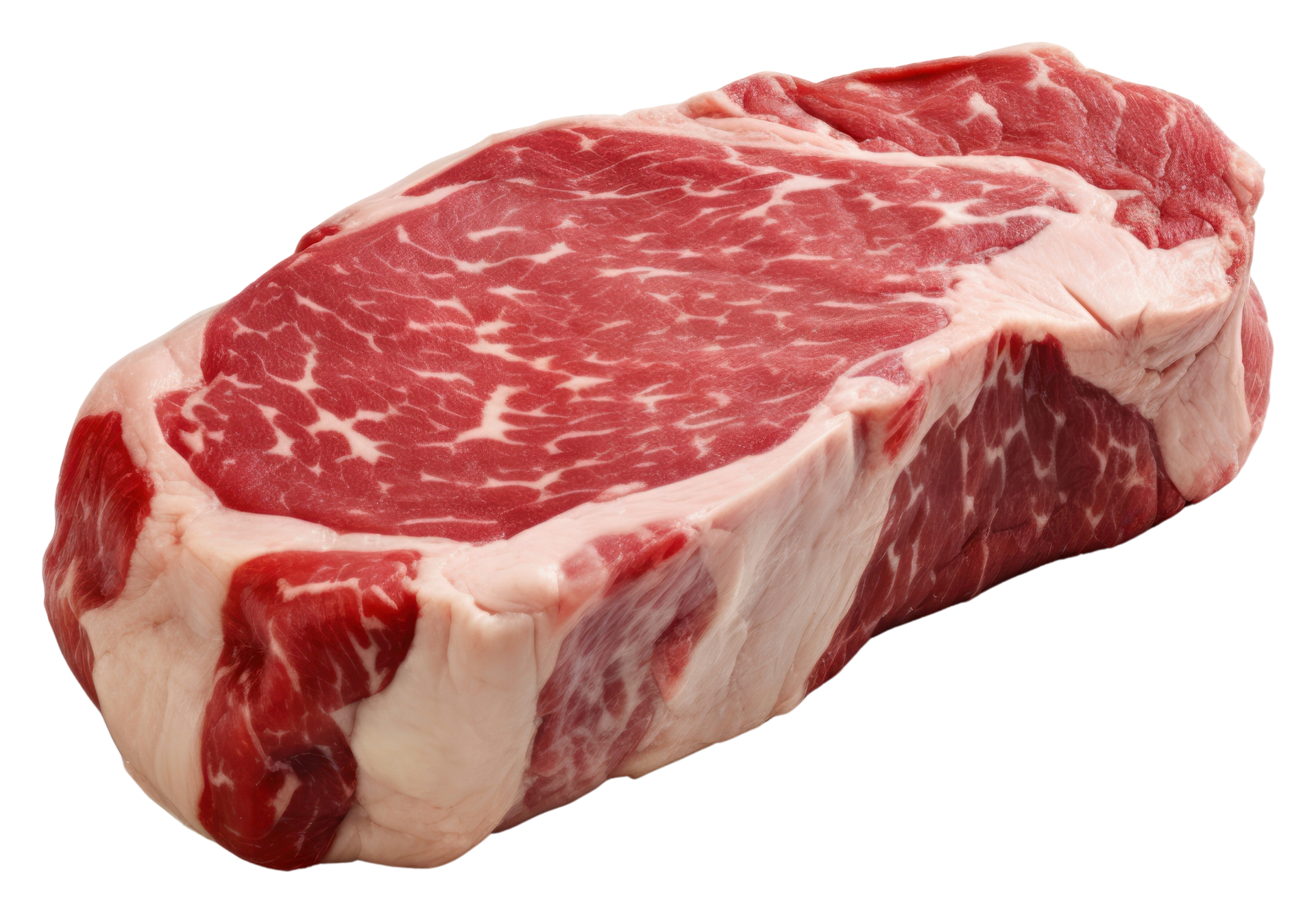 Steak de bœuf cru persillé avec une tranche de gras sur fond blanc