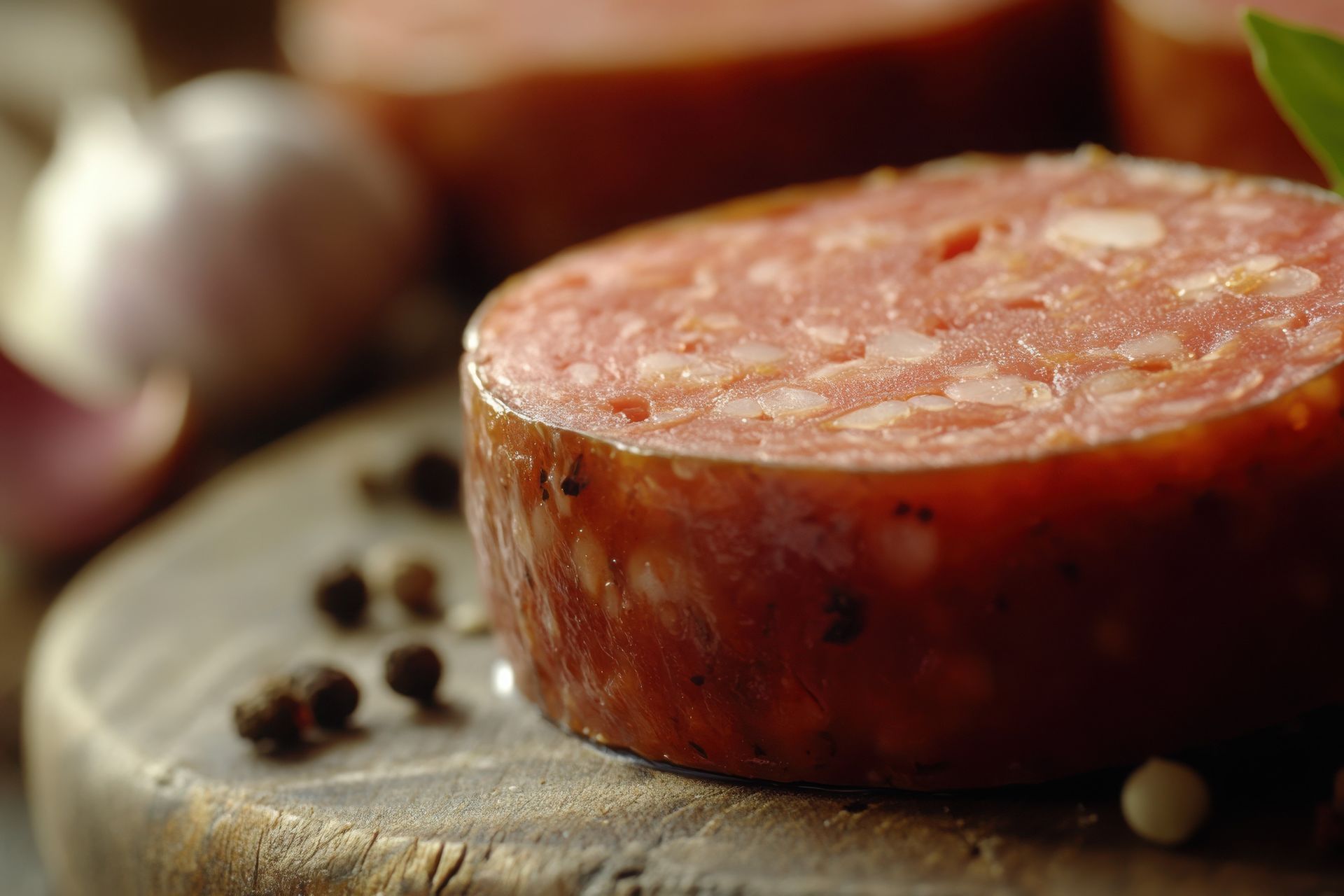Gros plan sur une saucisse tranchée posée sur une planche en bois, parsemée de grains de poivre et de gousses d'ail.