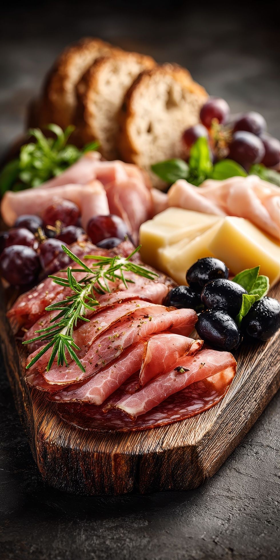 Planche de charcuterie avec viande tranchée, fromages, olives et pain sur un plateau en bois
