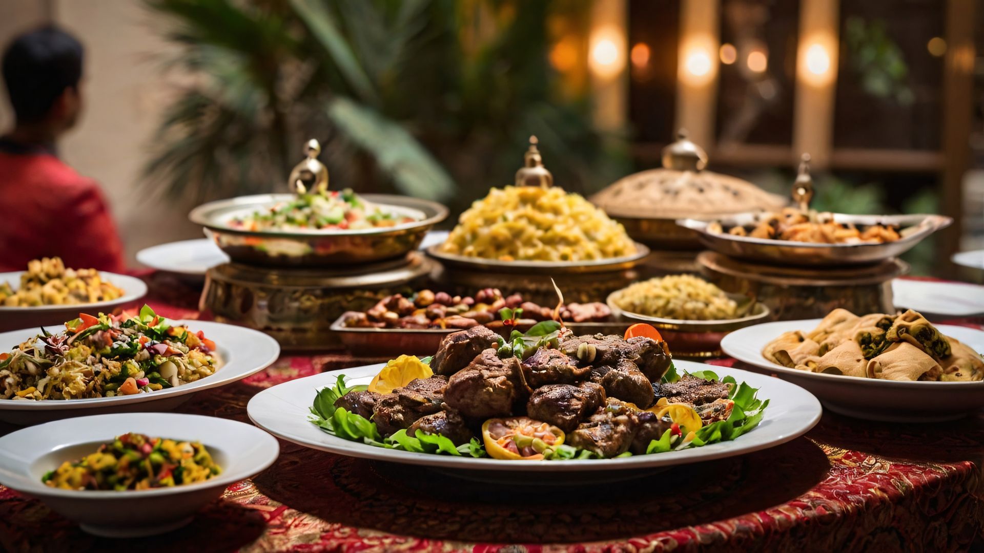 Un buffet avec un assortiment de plats, comprenant des salades, de la viande rôtie et du riz, dans un cadre de banquet