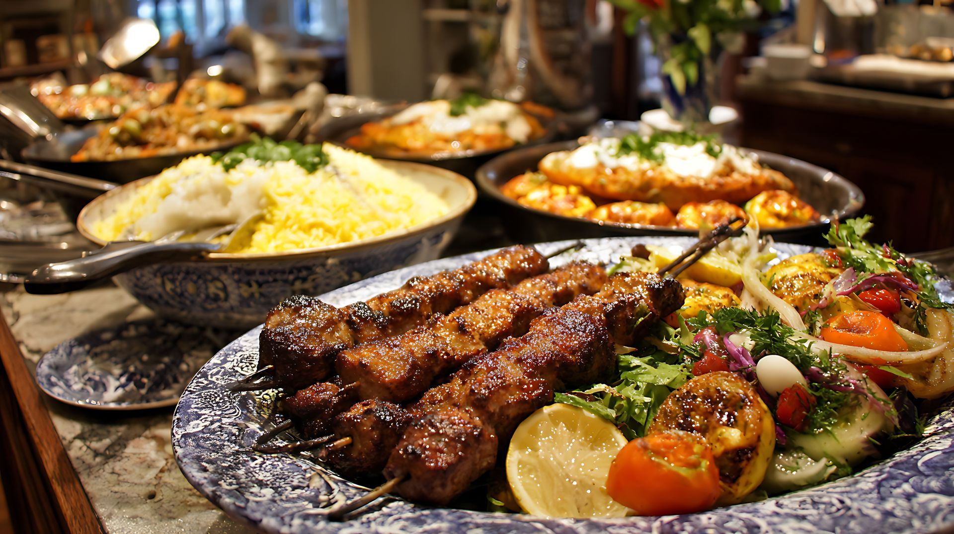 Brochettes grillées et accompagnements colorés disposés sur une table de buffet