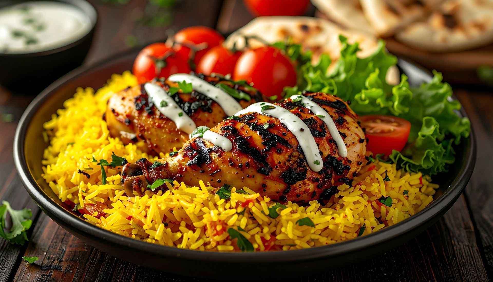 Poulet grillé sur riz au safran avec tomates cerises, sauce au vinaigre et laitue, le tout servi dans une assiette noire.