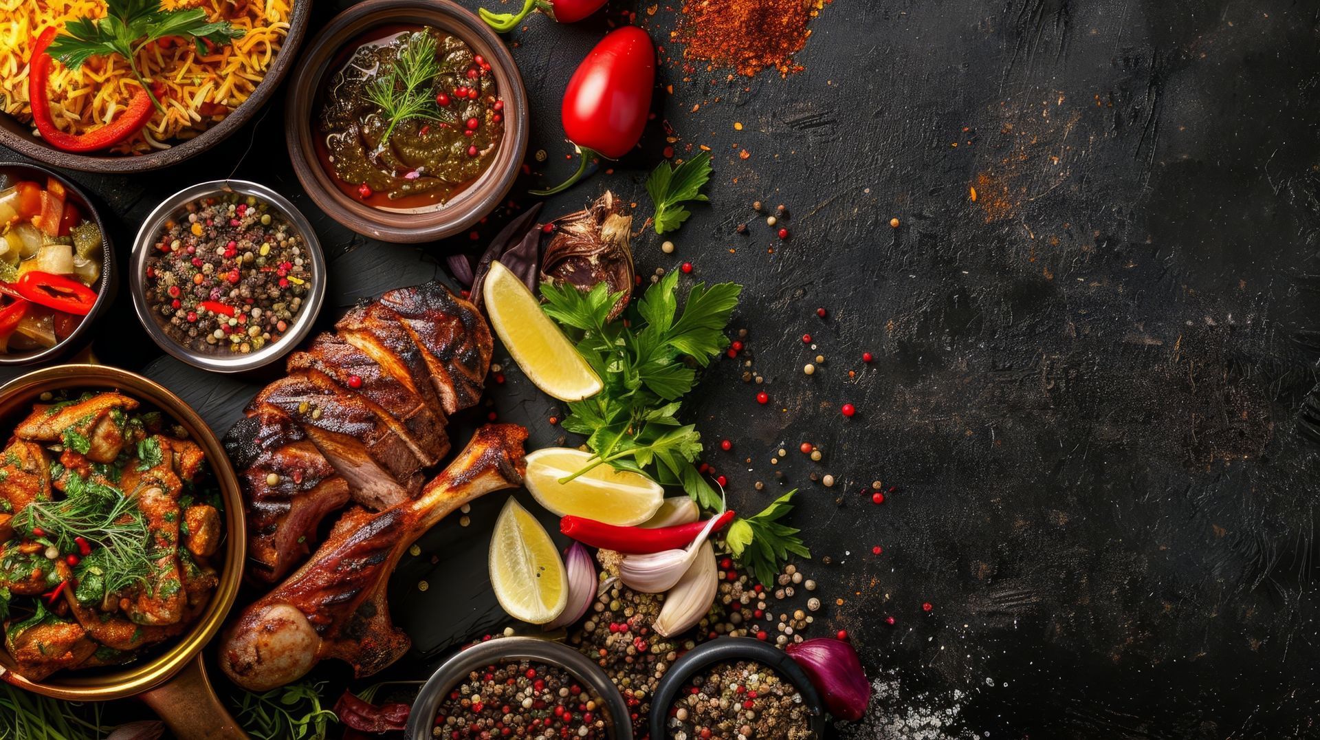 Viandes grillées accompagnées de sauces variées, d'herbes, de quartiers de citron vert et de piments rouges