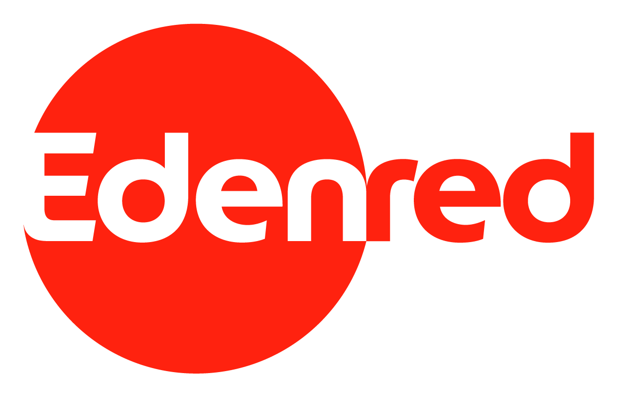 Edenred-logo: Valkoinen teksti punaisella ympyrällä, 