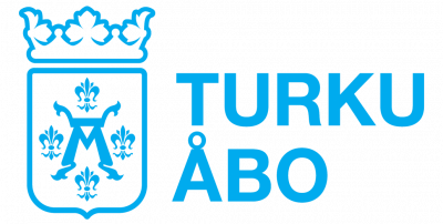 Sininen Turun logo, jossa kruunu, tyylitellyt nimikirjaimet
