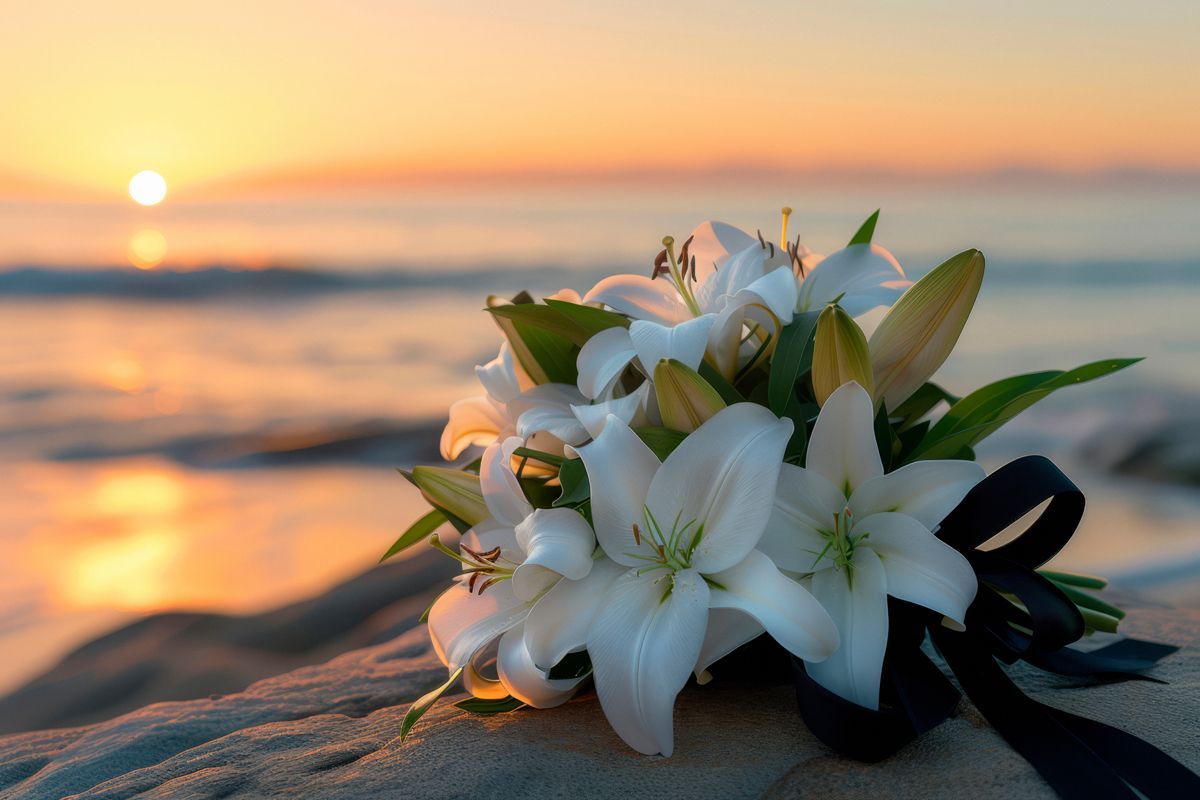 Ein Strauß weißer Lilien liegt bei Sonnenuntergang am Strand.