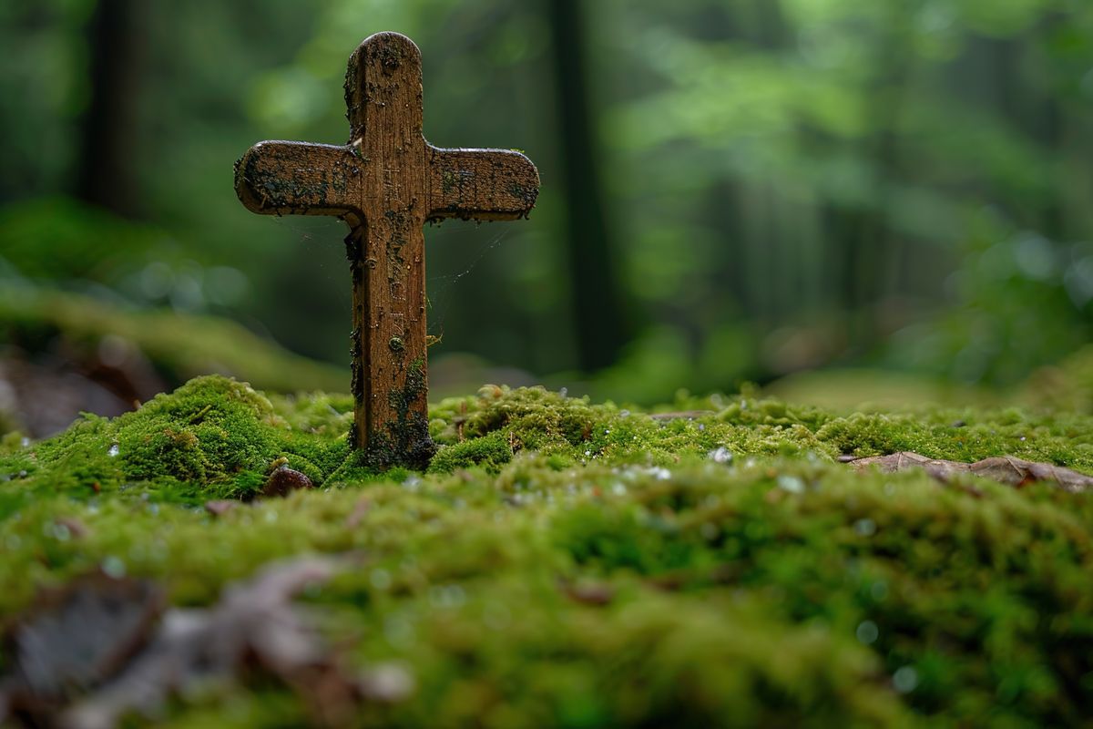 Auf einem moosigen Hügel im Wald steht ein kleines Holzkreuz.