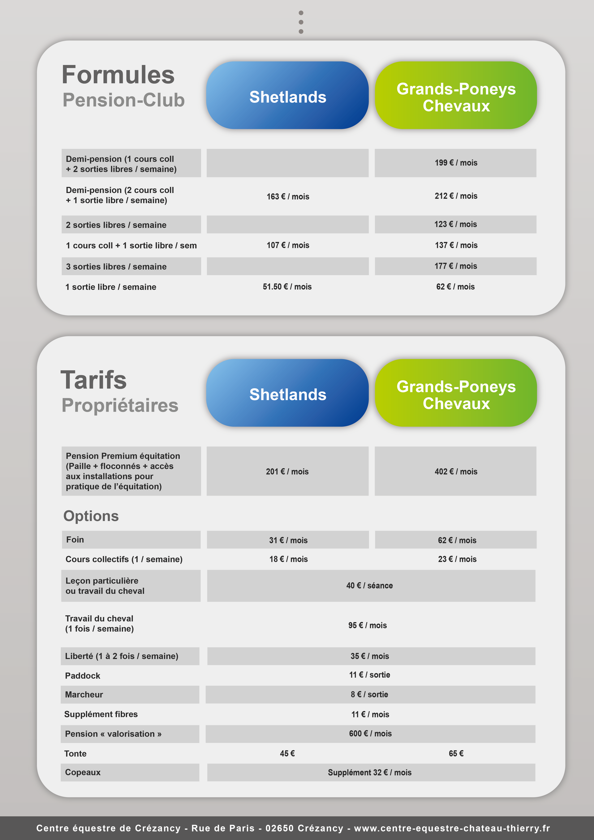 Tarifs propriétaire 2023/2024