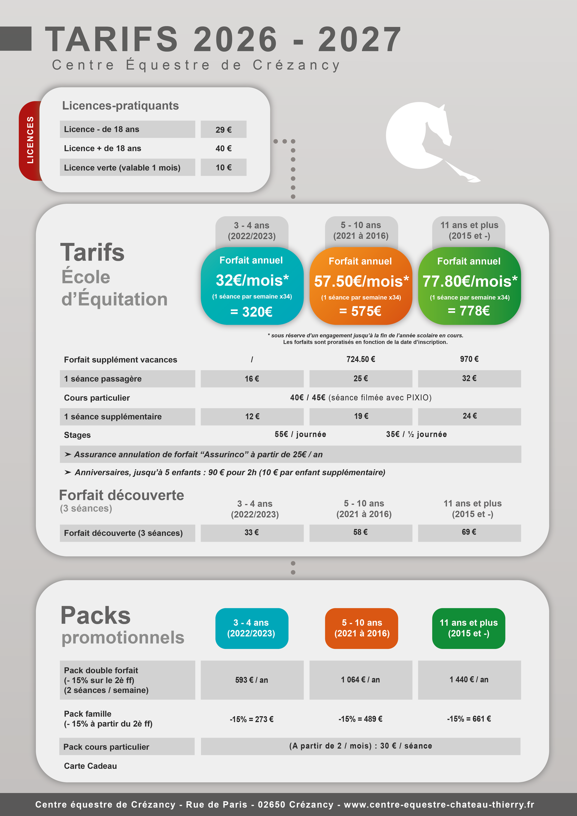 Tarifs école equitation 2023/2024