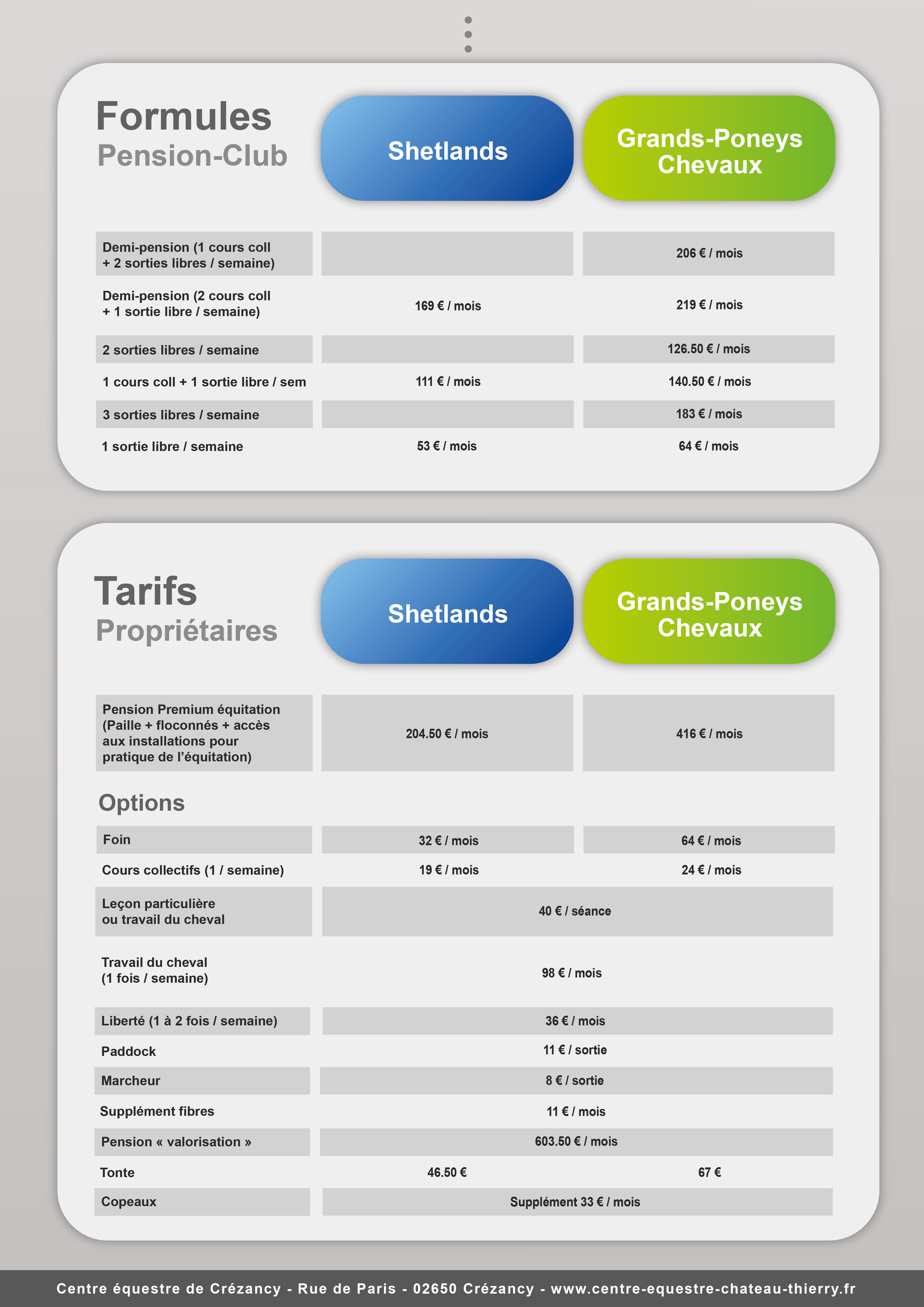 Tarifs propriétaire 2023/2024