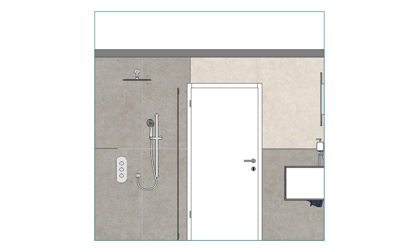 Eine Zeichnung eines Badezimmers mit einer Tür und einem Waschbecken