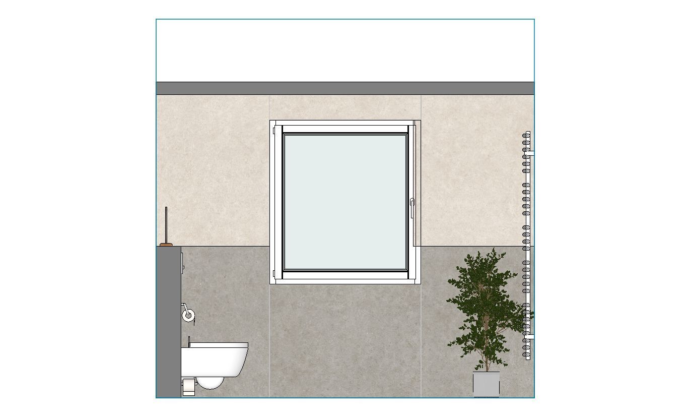 Eine Zeichnung eines Badezimmers mit Toilette und Fenster