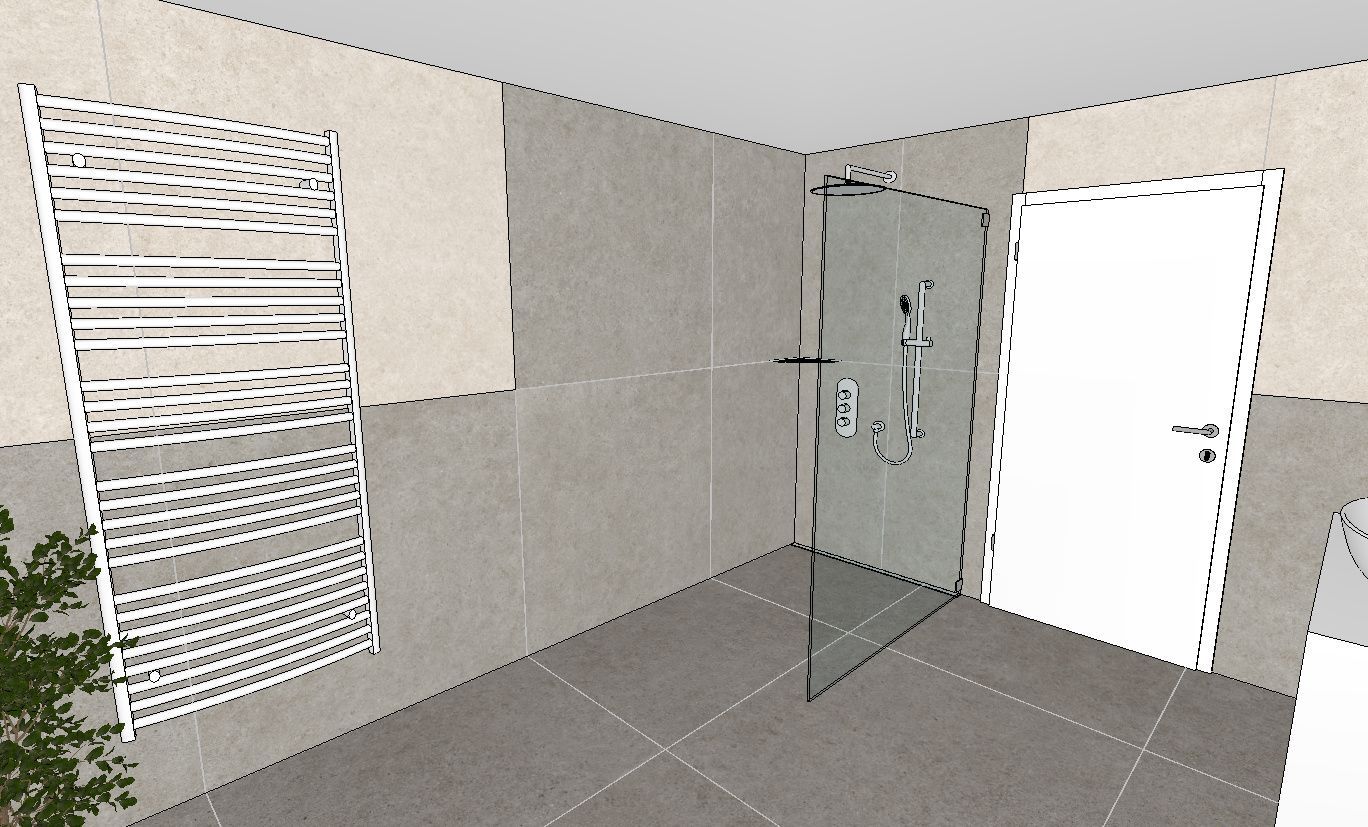 Ein computergeneriertes Bild eines Badezimmers mit ebenerdiger Dusche