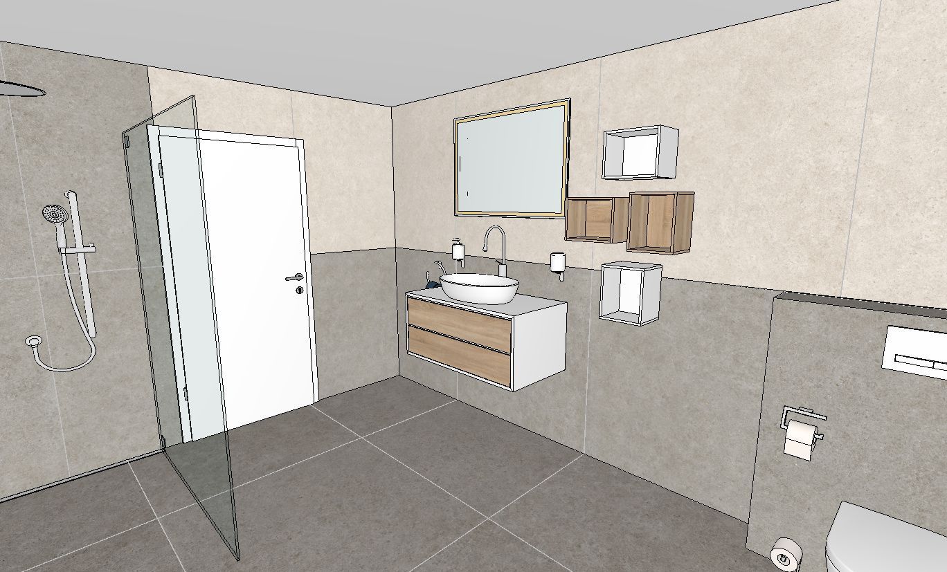 Eine Zeichnung eines Badezimmers mit Waschbecken, Spiegel und Toilette