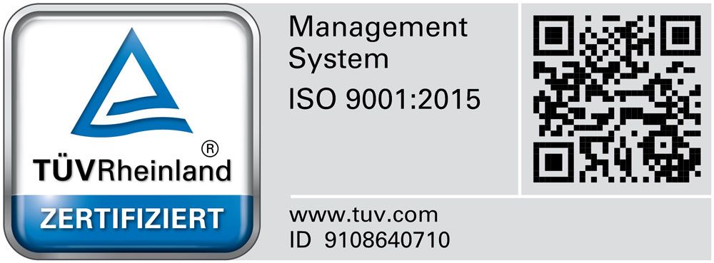 Ein blau-weißes Logo mit der Aufschrift Managementsystem ISO 9001 2015