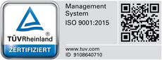 Ein blau-weißes Logo mit der Aufschrift Managementsystem ISO 9001 2015
