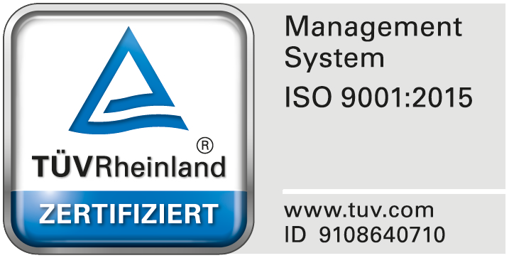 Ein blau-weißes Logo mit der Aufschrift Managementsystem ISO 9001 2015