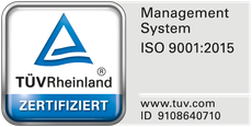 Ein blau-weißes Logo mit der Aufschrift Managementsystem ISO 9001 2015