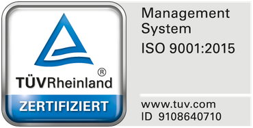 Ein blau-weißes Logo mit der Aufschrift Managementsystem ISO 9001 2015