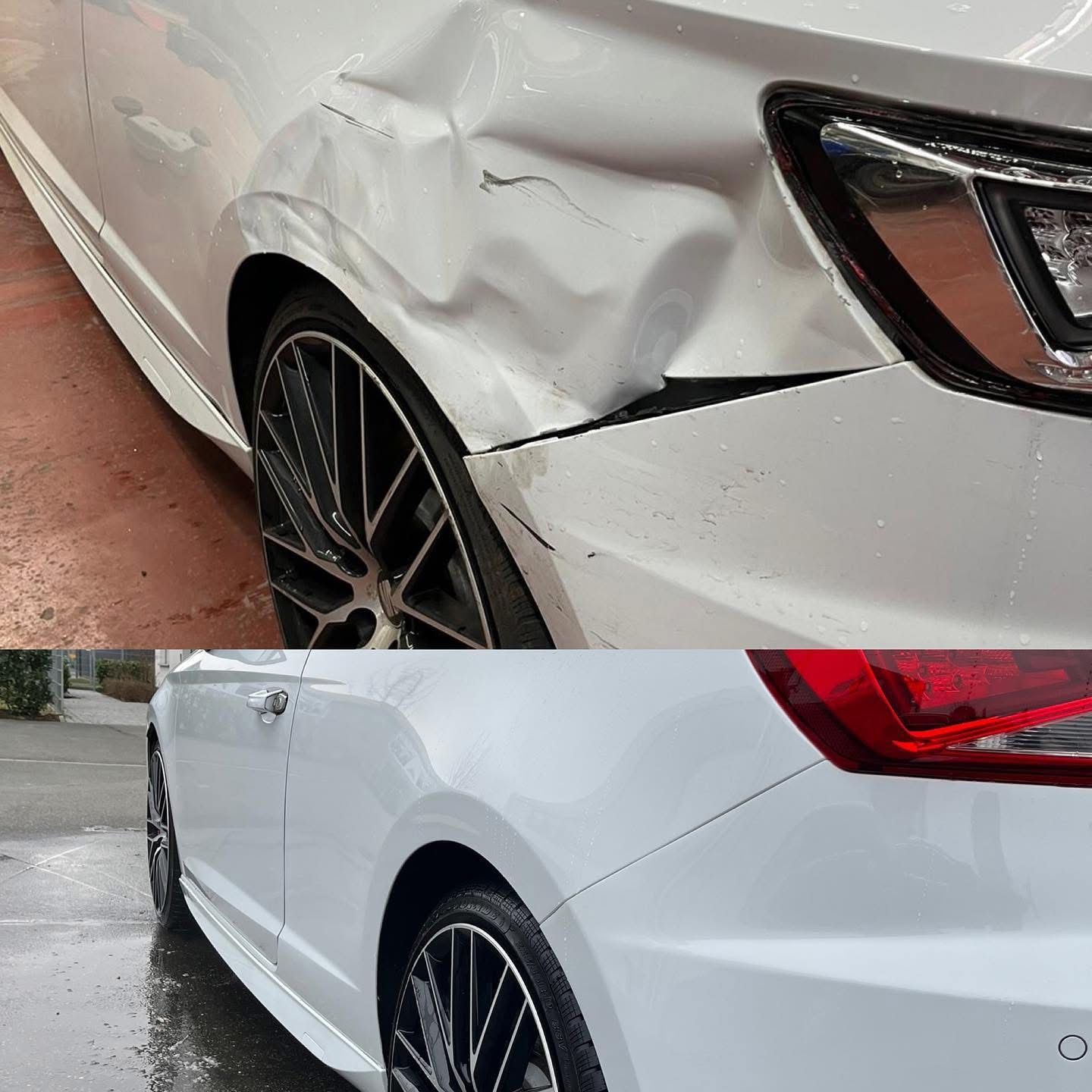 Verbeulter Kotflügel und beschädigte Fahrzeugseite – professionelle Unfallreparatur in Fürth