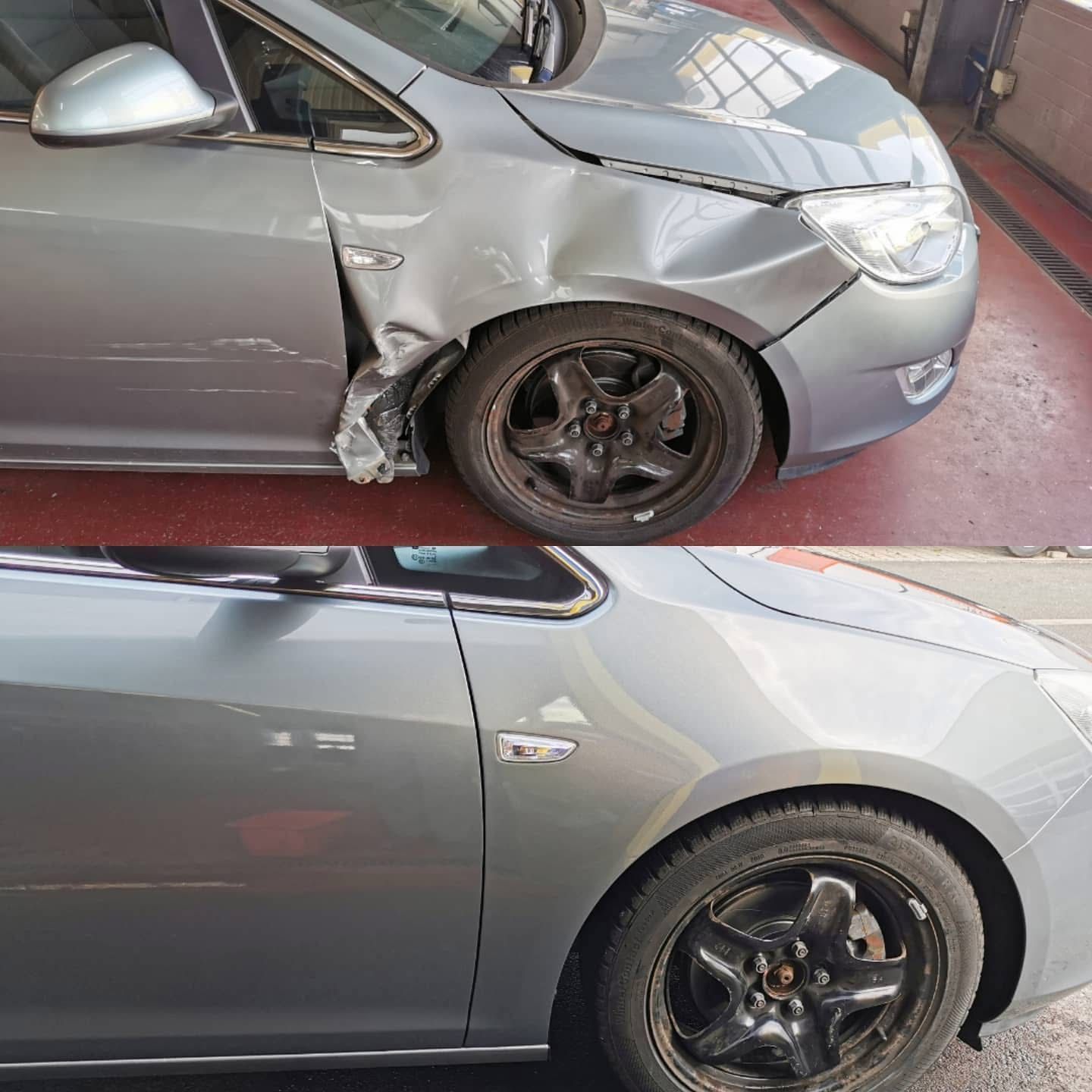 Unfallfahrzeug mit stark beschädigter Front und Radbereich – Unfallinstandsetzung nahe Nürnberg