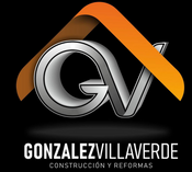 Logotipo de Gonzalez Villaverde con las letras GV plateadas y un trazo curvo naranja con forma de tejado sobre un fondo negro