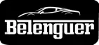 Logotipo de Belenguer que presenta una silueta de coche deportivo blanco sobre el nombre de la marca en texto blanco sobre fondo negro.