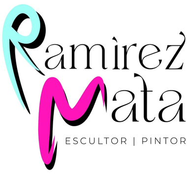 Logotipo de "Ramirez Mata" con una "R" cian y una "M" rosa con el texto "ESCULTOR | PINTOR" en negro sobre fondo blanco.