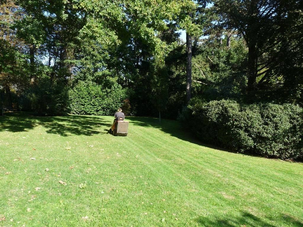 Paysagiste qui tond une grande pelouse