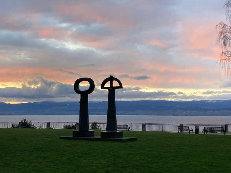 Deux sculptures abstraites noires sur une pelouse, avec un lac et un coucher de soleil en arrière-plan.