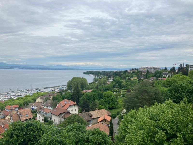 Le rivage du lac Léman, des maisons aux toits rouges nichées parmi les arbres verdoyants, sous un ciel nuageux.