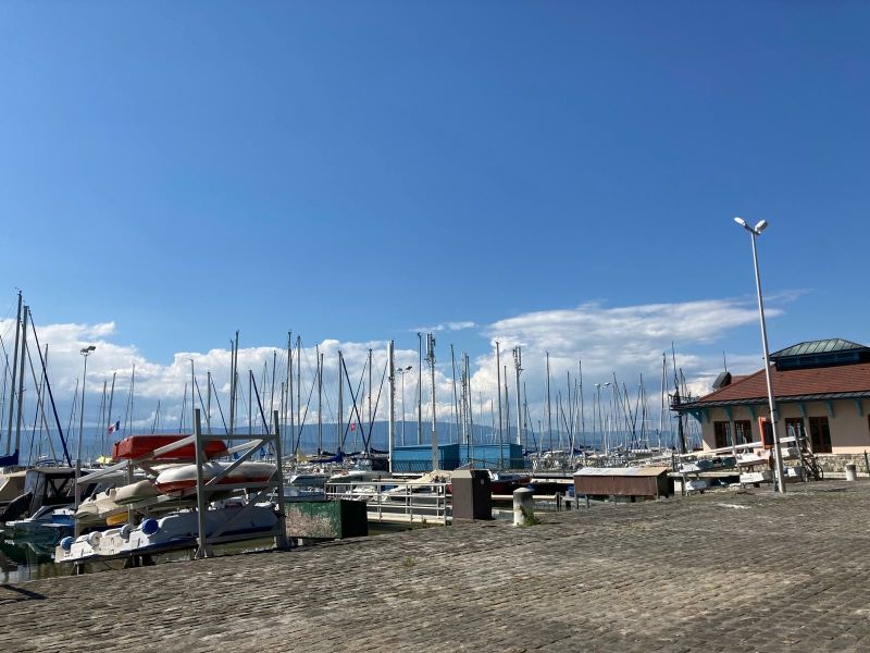 Voiliers amarrés dans un port de plaisance sous un ciel bleu, avec un bâtiment en arrière-plan.