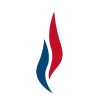 Des formes bleues et rouges en forme de flammes, disposées verticalement sur un fond blanc. Logo du Rassemblement National