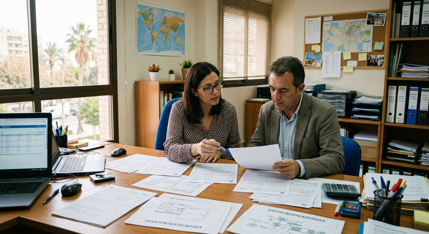 Dos compañeros de trabajo revisan documentos en un escritorio de oficina desordenado, con una computadora portátil, mapas y material de oficina.
