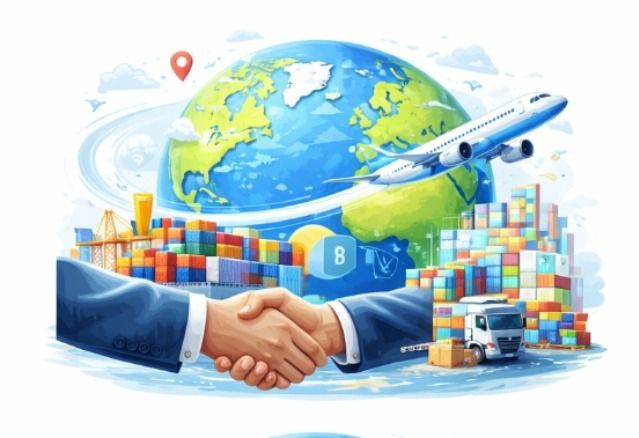 Un apretón de manos en el comercio mundial: contenedores de carga, avión y globo terráqueo al fondo.