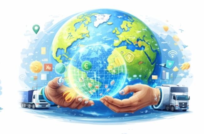 Manos que sostienen un globo terráqueo brillante con camiones de reparto e iconos digitales