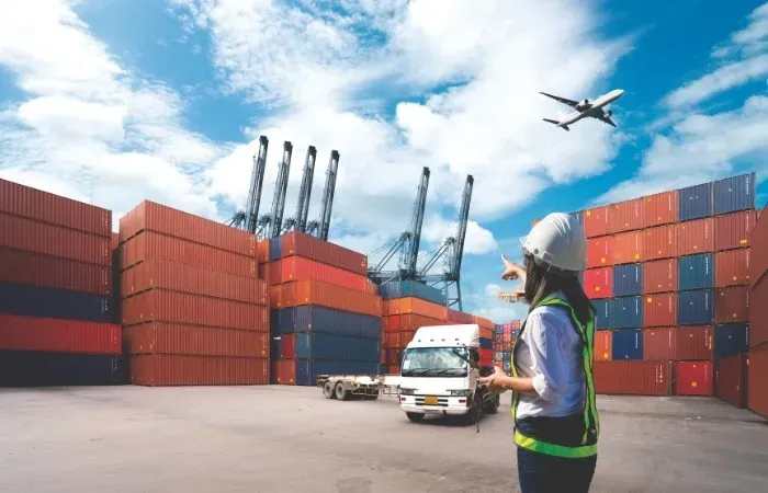 Puerto de contenedores con contenedores apilados, grúas, un camión, un trabajador con casco y un avión sobrevolando la zona.