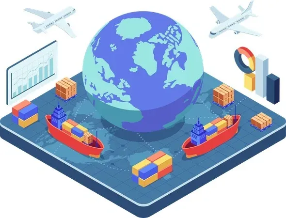 Escenario logístico global con globo terráqueo, buques de carga, aviones y cajas de envío en una plataforma.
