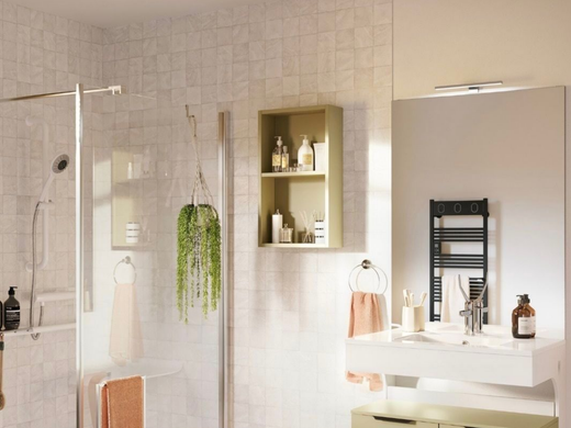 Une salle de bains moderne et lumineuse avec une douche en verre, une plante suspendue et une étagère murale.