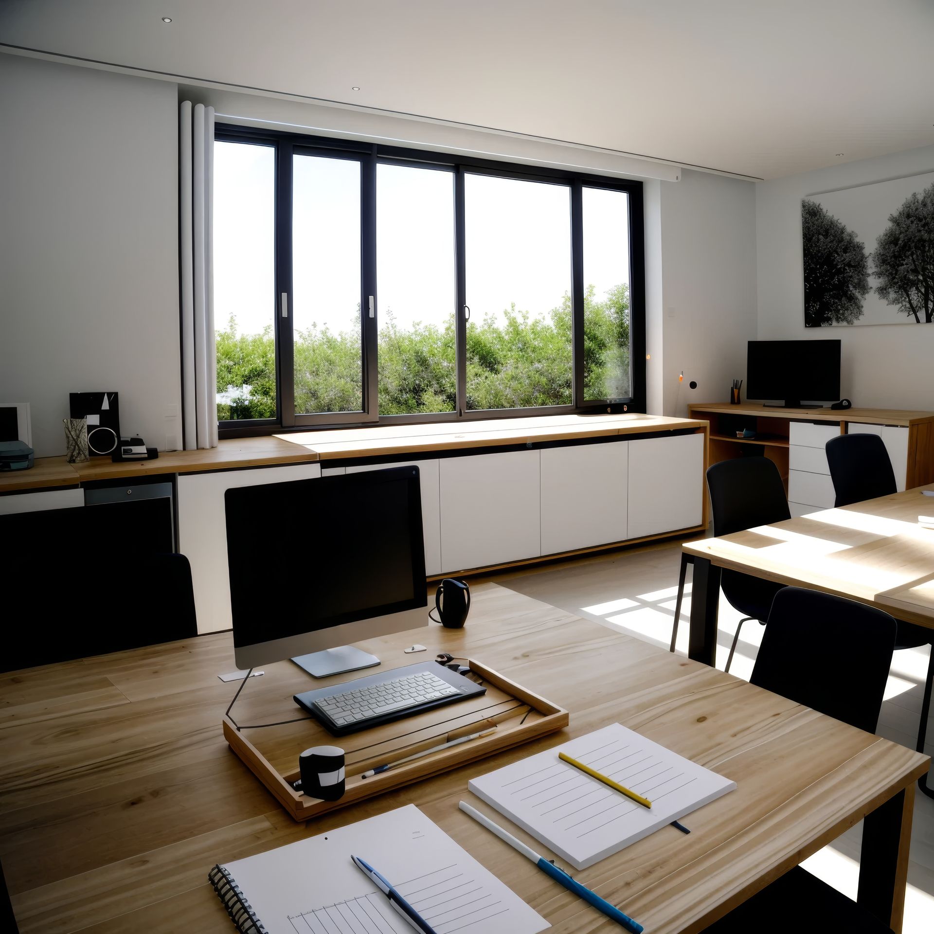 Un bureau lumineux et moderne avec des bureaux en bois, un ordinateur, des carnets et une grande fenêtre.