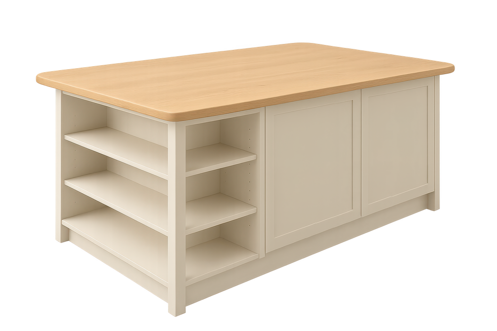 Un îlot de cuisine avec un plan de travail en bois clair, des placards blanc cassé et trois étagères latérales ouvertes.