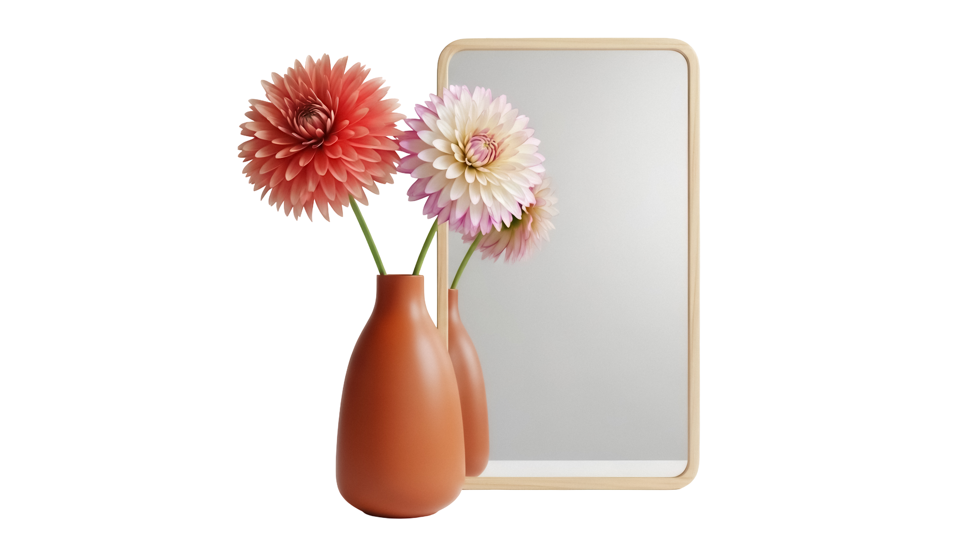 Deux dahlias dans un vase en terre cuite, placés devant un miroir rectangulaire à cadre en bois.