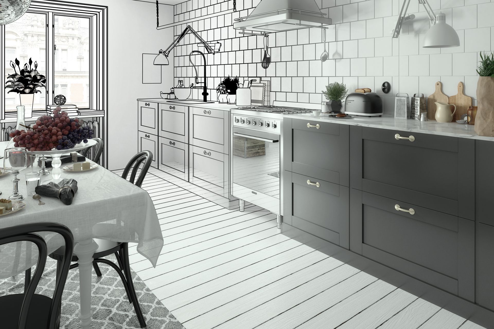 Une cuisine moderne avec des murs carrelés blancs, un parquet clair, une cuisinière blanche et des meubles bas gris foncé.