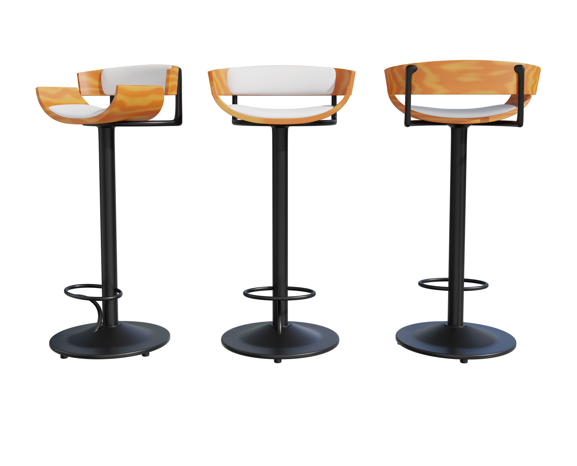 Trois tabourets de bar modernes avec dossiers incurvés en bois clair.