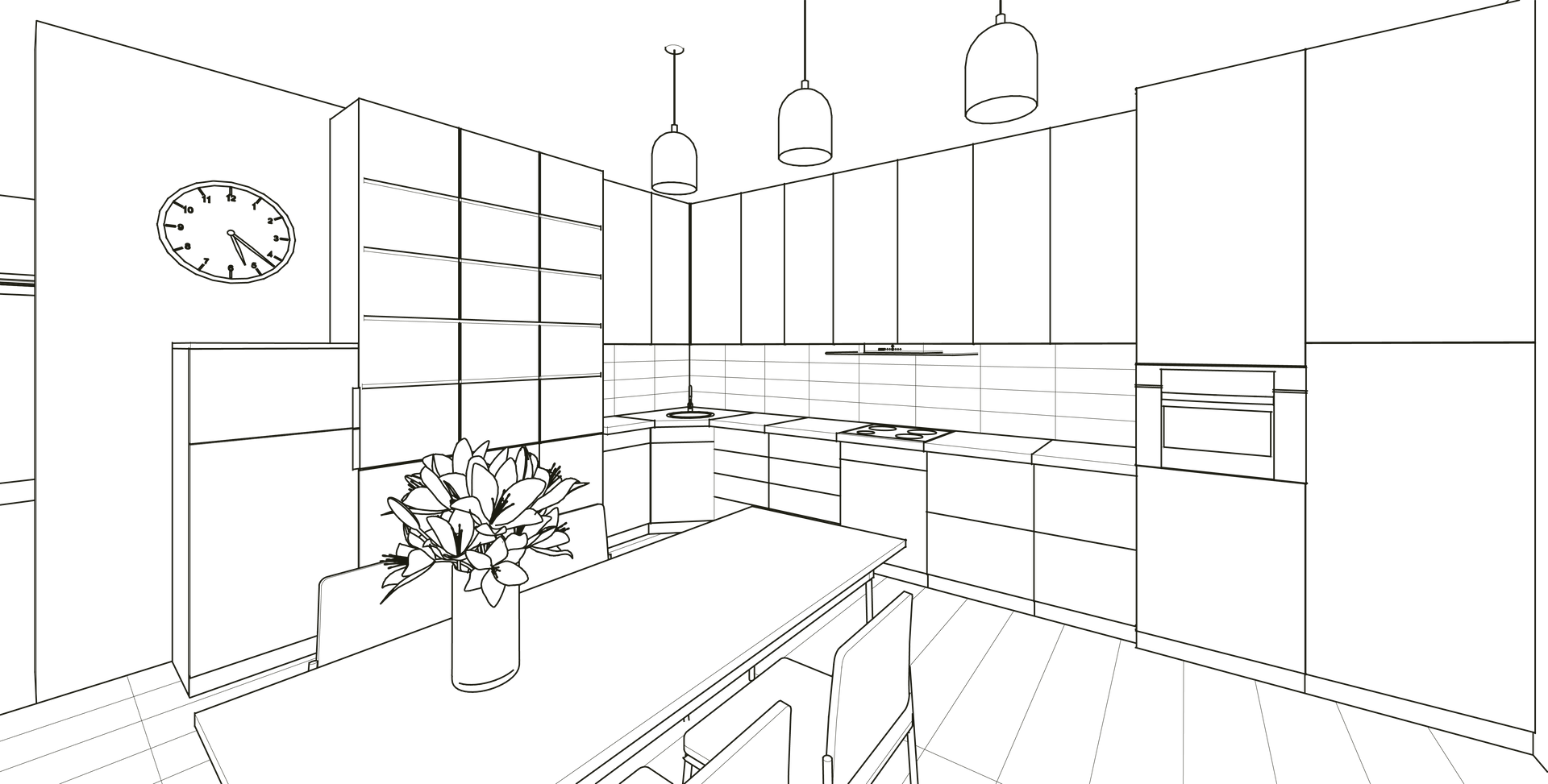 Dessin au trait d'une cuisine moderne avec des placards, une table à manger avec un centre de table floral.